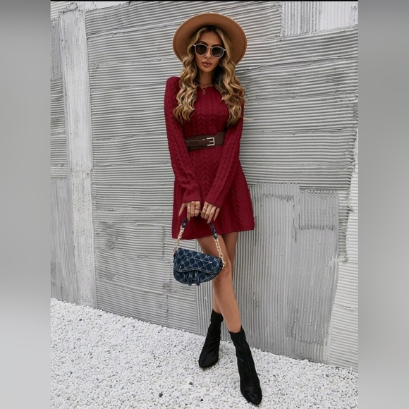 Maroon Cable Knit Sweater Dress Without Belt - Picture 2 of 4